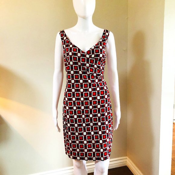 NWOT!!!  LIN SHAN Li NEW YORK BLACK RED & WHITE GEOMETRIC DRESS SIZE 12 - Picture 3 of 5